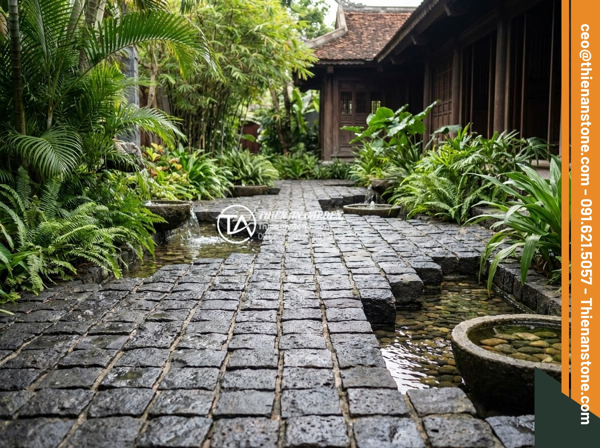 Đá cubic bazan đen: Lựa chọn tối ưu cho lối đi ô tô và khu vực chịu lực lớn - Hình 5 Đá cubic bazan đen: Lựa chọn tối ưu cho lối đi ô tô và khu vực chịu lực lớn - Luxury resort entrance pathway constructed with black basalt cubic stones, integ