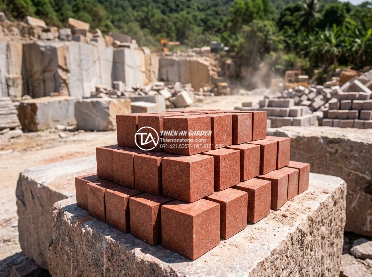 Đá cubic đỏ Granite Bình Định: Tạo điểm nhấn rực rỡ cho cảnh quan - Close-up view of vibrant red cubic granite stones from Binh Dinh province, Vietn