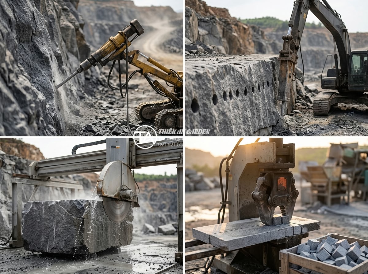 Đá cubic đỏ Granite Bình Định: Tạo điểm nhấn rực rỡ cho cảnh quan - Step-by-step process of granite cubic stone extraction and cutting in Binh Dinh 