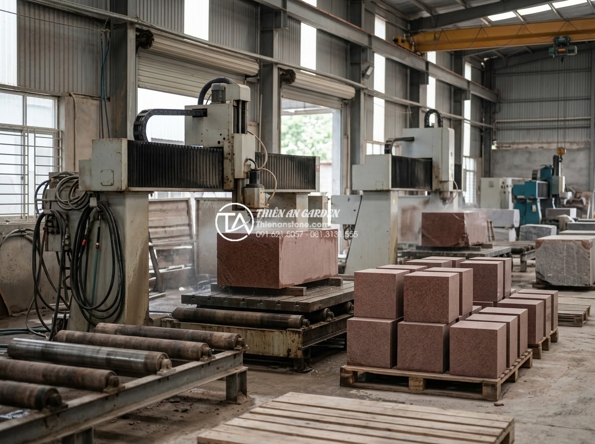 Đá cubic đỏ Granite Bình Định: Tạo điểm nhấn rực rỡ cho cảnh quan - Modern stone processing factory interior with CNC machines shaping red granite i