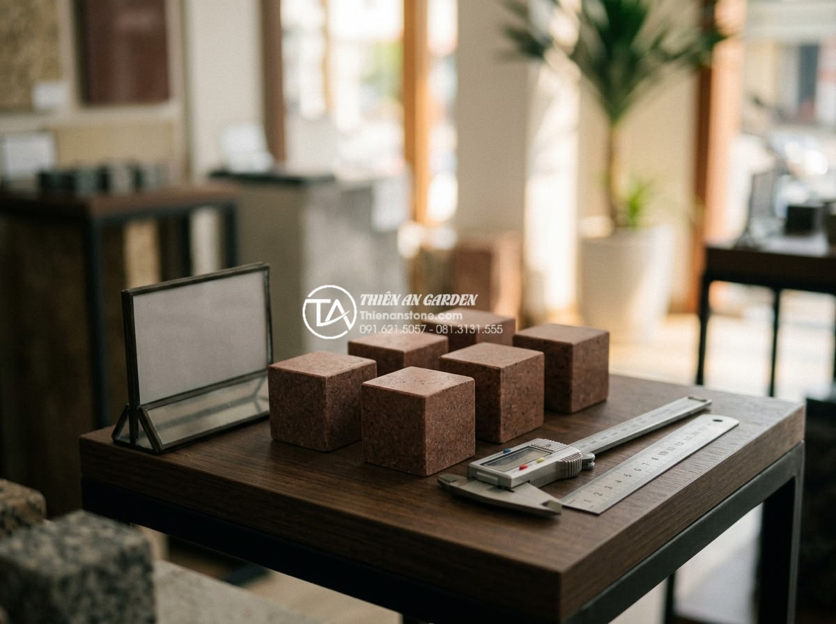 Đá cubic đỏ Granite Bình Định: Tạo điểm nhấn rực rỡ cho cảnh quan - Price tag display with samples of red cubic granite stones and measurement tools