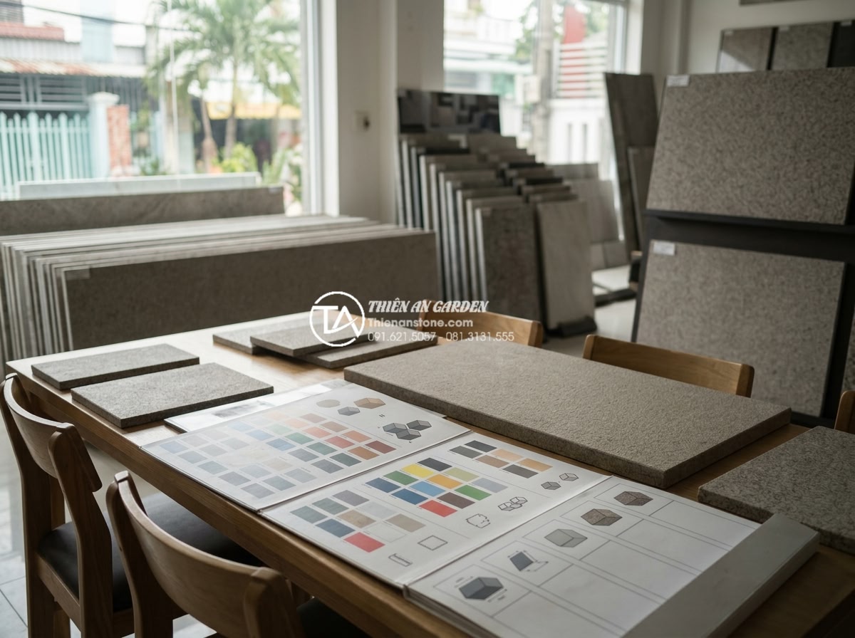 Đá cubic đỏ Granite Bình Định: Tạo điểm nhấn rực rỡ cho cảnh quan - Customer consultation scene at stone showroom discussing pricing charts for vari