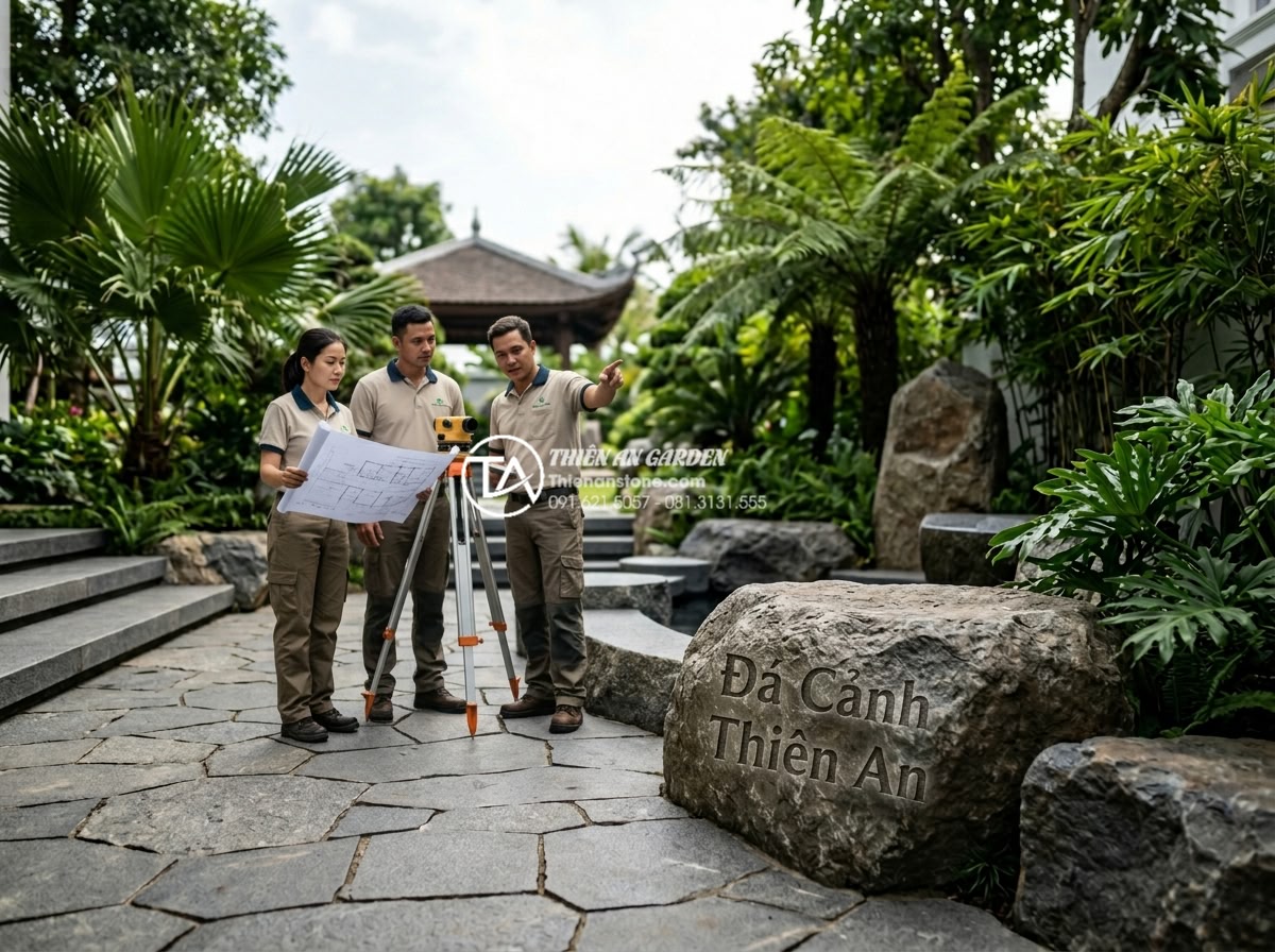 Đá cubic đỏ Granite Bình Định: Tạo điểm nhấn rực rỡ cho cảnh quan - Đá Cảnh Thiên An company logo with team of experts at a completed luxury stone g