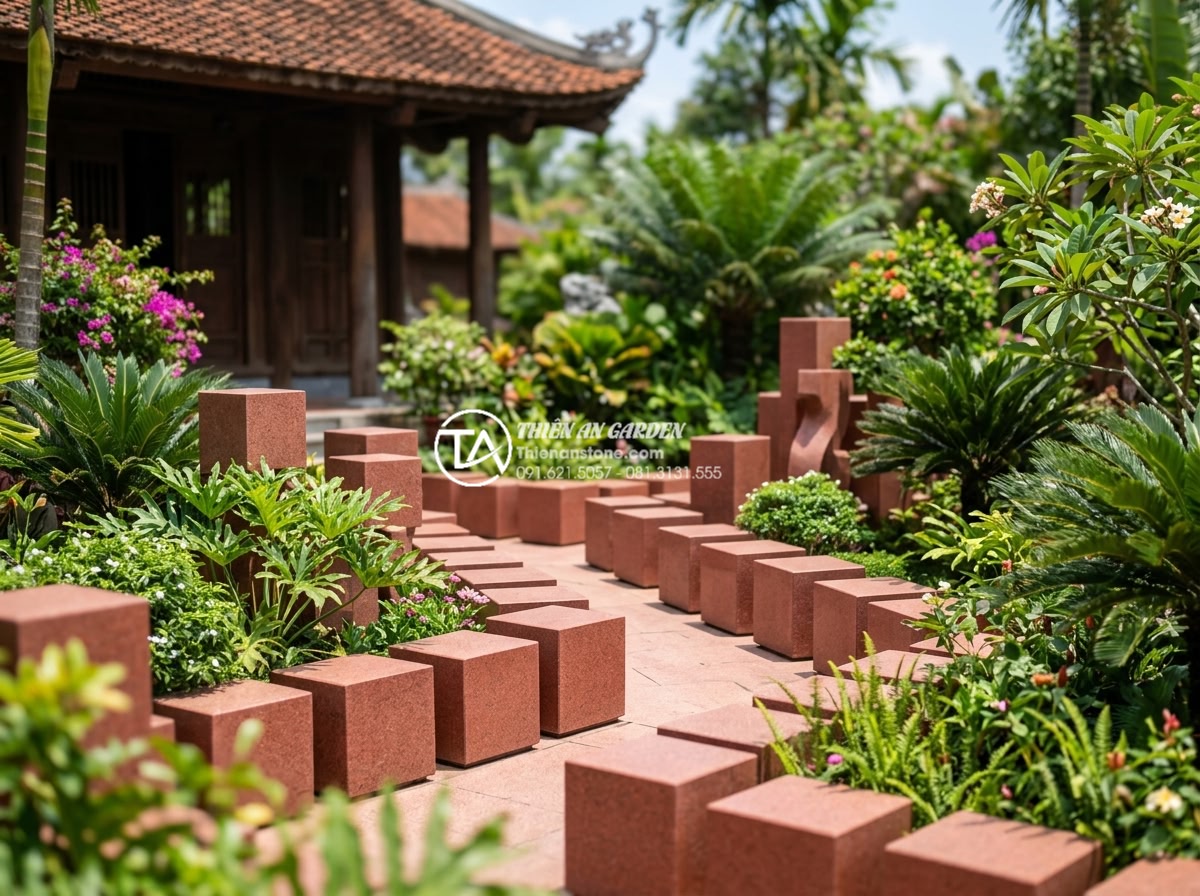 Đá cubic đỏ Granite Bình Định: Tạo điểm nhấn rực rỡ cho cảnh quan - Happy client standing in front of a beautifully designed garden featuring red cu
