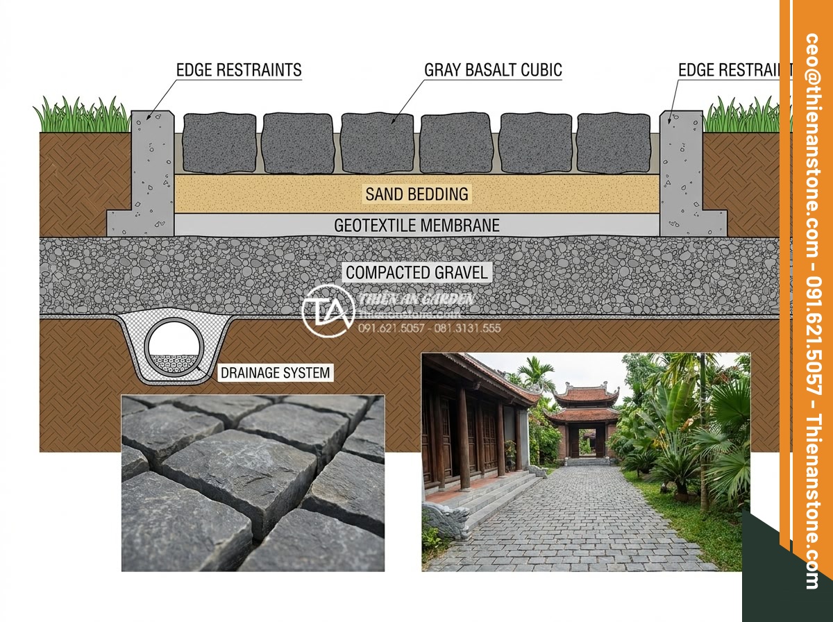 Đá cubic lát sân: Tổng hợp các loại, ưu điểm và xu hướng thiết kế 2026 - Hình 5 Đá cubic lát sân: Tổng hợp các loại, ưu điểm và xu hướng thiết kế 2026 - High detail technical cross-section diagram of different cubic stone types insta