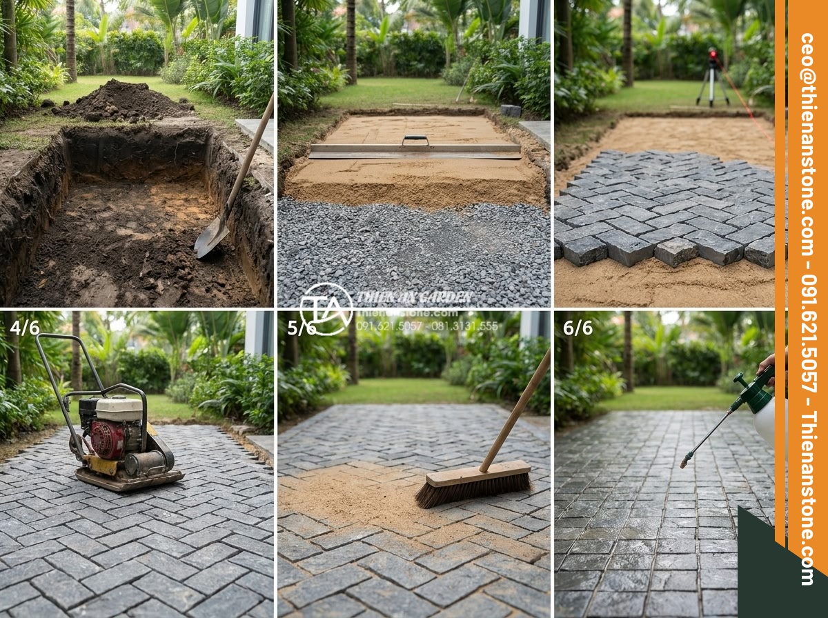 Đá cubic lát sân: Tổng hợp các loại, ưu điểm và xu hướng thiết kế 2026 - Hình 6 Đá cubic lát sân: Tổng hợp các loại, ưu điểm và xu hướng thiết kế 2026 - Step-by-step professional construction process of laying natural cubic stone pav