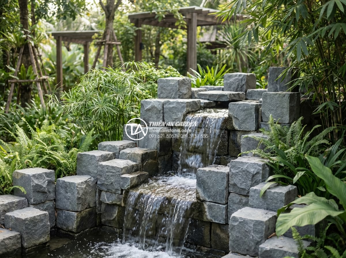 Đá cubic tự nhiên: Tại sao là lựa chọn số 1 cho công trình bền vững? - Hình 10 Đá cubic tự nhiên: Tại sao là lựa chọn số 1 cho công trình bền vững? - Rockery and waterfall feature made from stacked natural cubic basalt stones in a