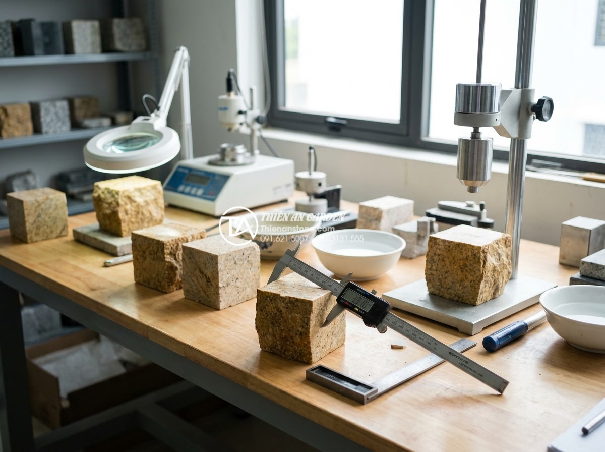 Đá cubic tự nhiên: Tại sao là lựa chọn số 1 cho công trình bền vững? - Hình 14 Đá cubic tự nhiên: Tại sao là lựa chọn số 1 cho công trình bền vững? - Quality inspection process of finished cubic natural stones being measured and t