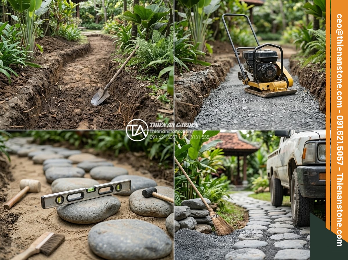 Đá dậm bước chịu lực xe ô tô: Thông số độ dày tối thiểu cần biết - Step-by-step construction photography of professional natural stone stepping pat
