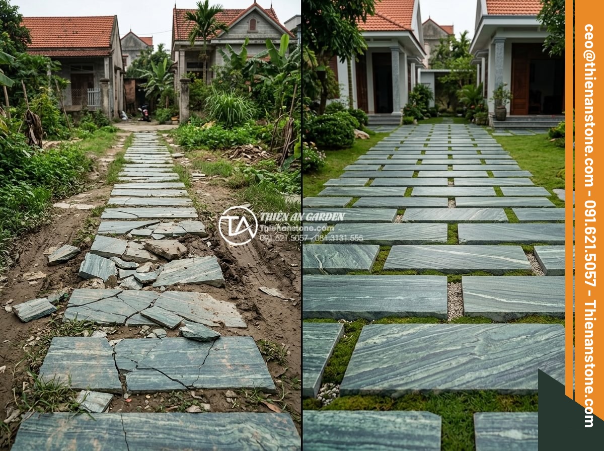 Đá dậm bước chịu lực xe ô tô: Thông số độ dày tối thiểu cần biết - Before and after comparison photograph of a damaged thin stone stepping path wit
