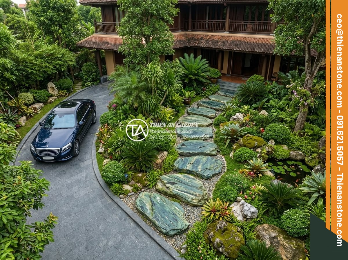Đá dậm bước chịu lực xe ô tô: Thông số độ dày tối thiểu cần biết - Aerial view of elegantly curved natural stone stepping path in a luxurious villa