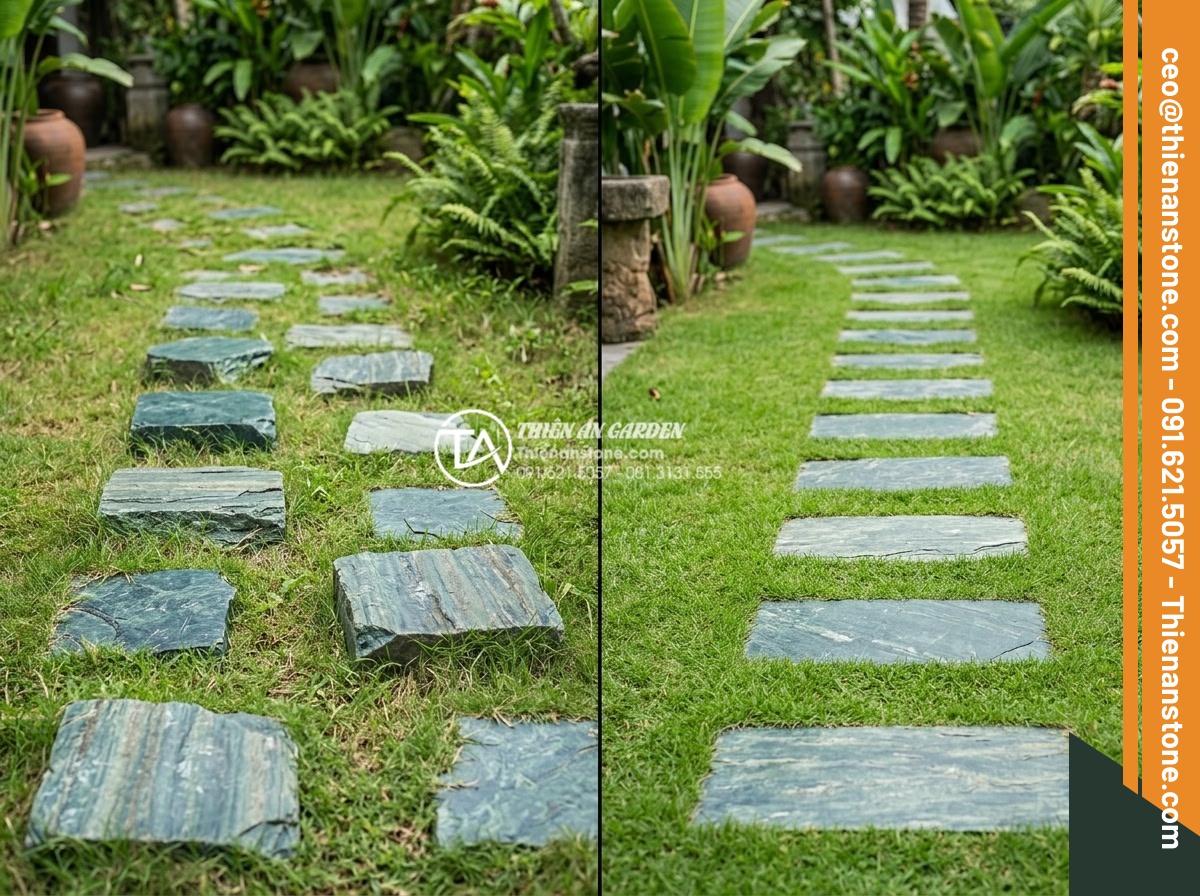 Đá dặm bước cho lối đi trên cỏ: Cách cắt cỏ xung quanh đá dễ dàng - Educational before and after photo showing common mistakes in stepping stone ins