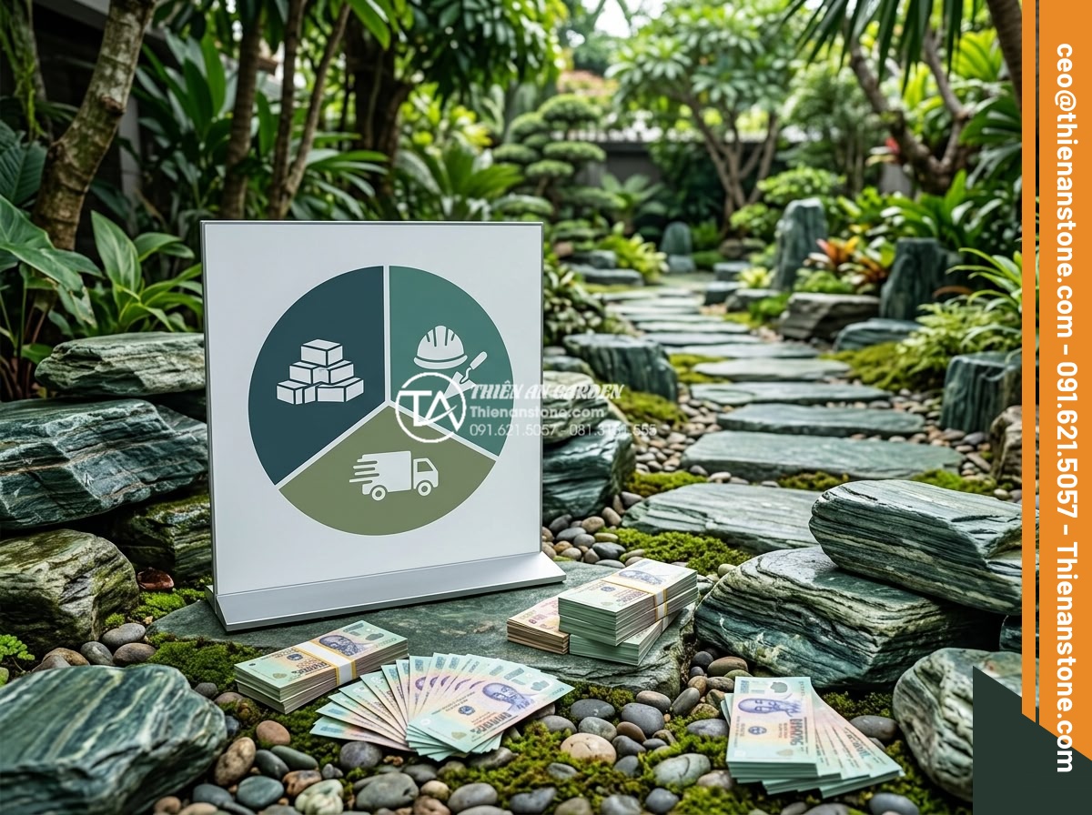 Đá dặm bước cho lối đi trên cỏ: Cách cắt cỏ xung quanh đá dễ dàng - Professional cost breakdown infographic for natural stepping stone path installa