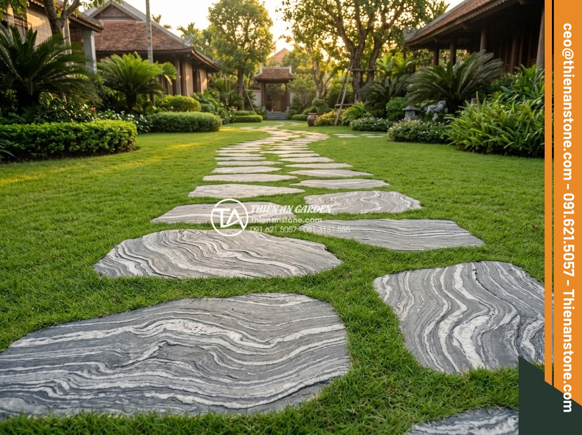 Đá dặm bước cho lối đi trên cỏ: Cách cắt cỏ xung quanh đá dễ dàng - Wide angle realistic photograph of elegant stepping stone path using premium gra