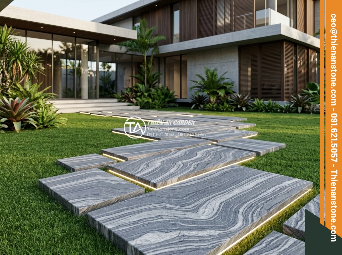 Đá dặm bước cho lối đi trên cỏ: Cách cắt cỏ xung quanh đá dễ dàng - Creative garden design rendering of modern minimalist stepping stone path in lux