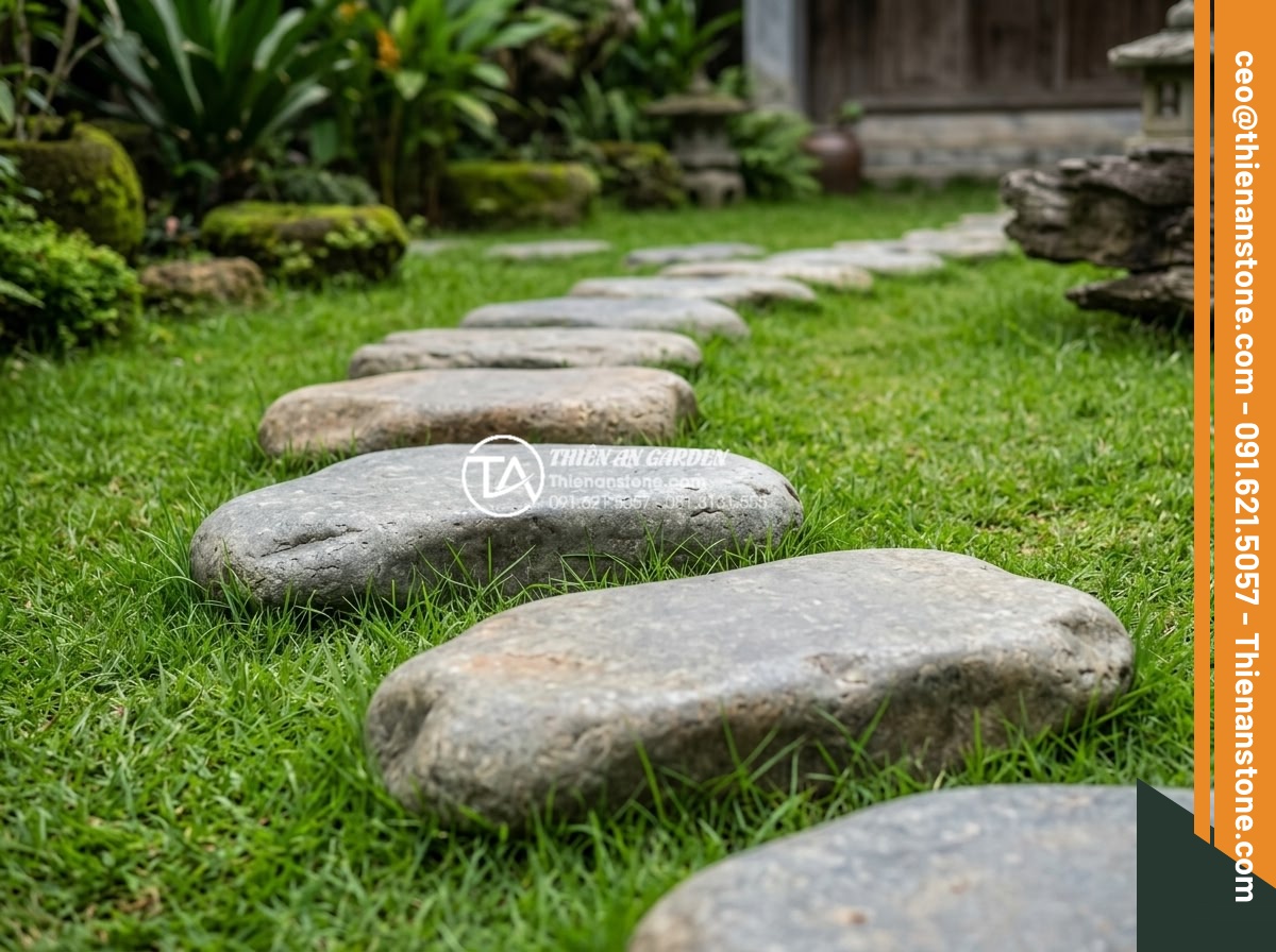Đá dặm bước cho lối đi trên cỏ: Cách cắt cỏ xung quanh đá dễ dàng - Comparison infographic style realistic photo of four different natural stones fo