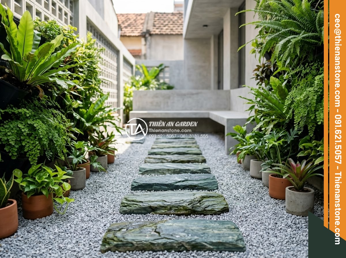 Đá dậm bước cho sân vườn hiện đại: Những quy tắc sắp xếp tối giản - Modern compact urban courtyard garden with carefully placed small natural limest