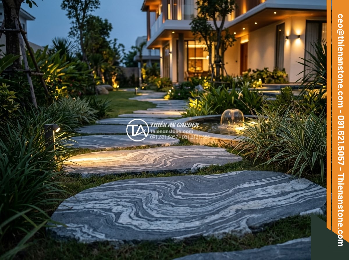 Đá dậm bước cho sân vườn hiện đại: Những quy tắc sắp xếp tối giản - Stunning evening view of a contemporary garden with natural granite stepping sto