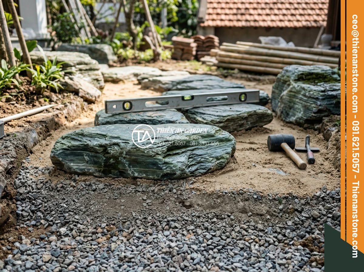 Đá dậm bước cho sân vườn hiện đại: Những quy tắc sắp xếp tối giản - Technical construction detail photograph showing professional installation of na