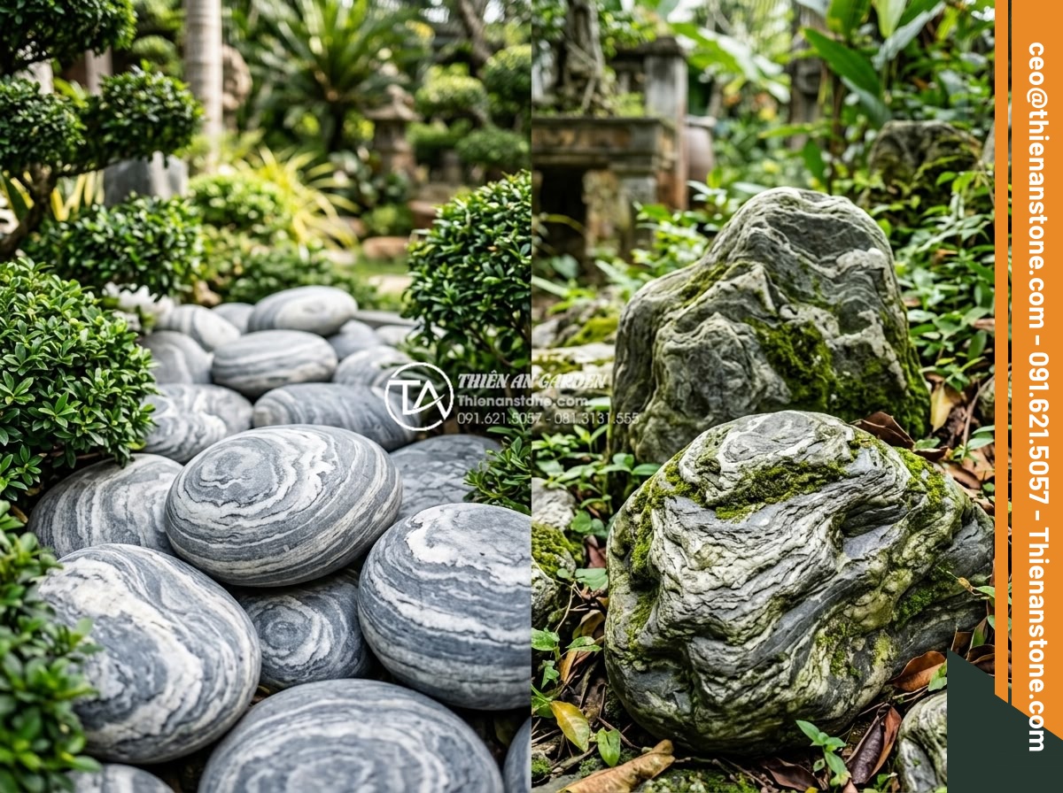 Đá dặm bước hình tròn hay hình tự do đẹp hơn cho sân vườn? - Comparison image of maintenance levels showing clean round stones versus natural