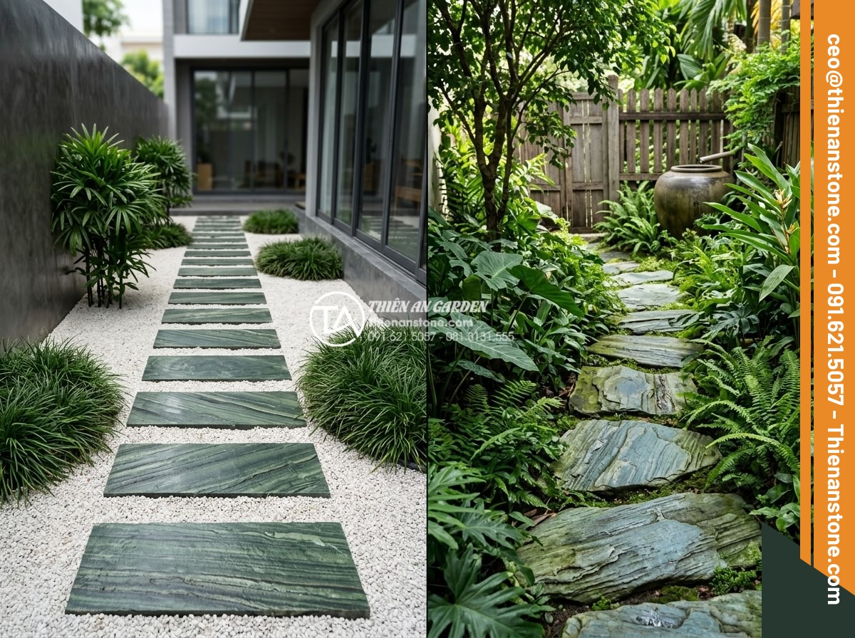 Đá dặm bước hình tròn hay hình tự do đẹp hơn cho sân vườn? - Factors illustration photo of different garden styles with appropriate stepping 