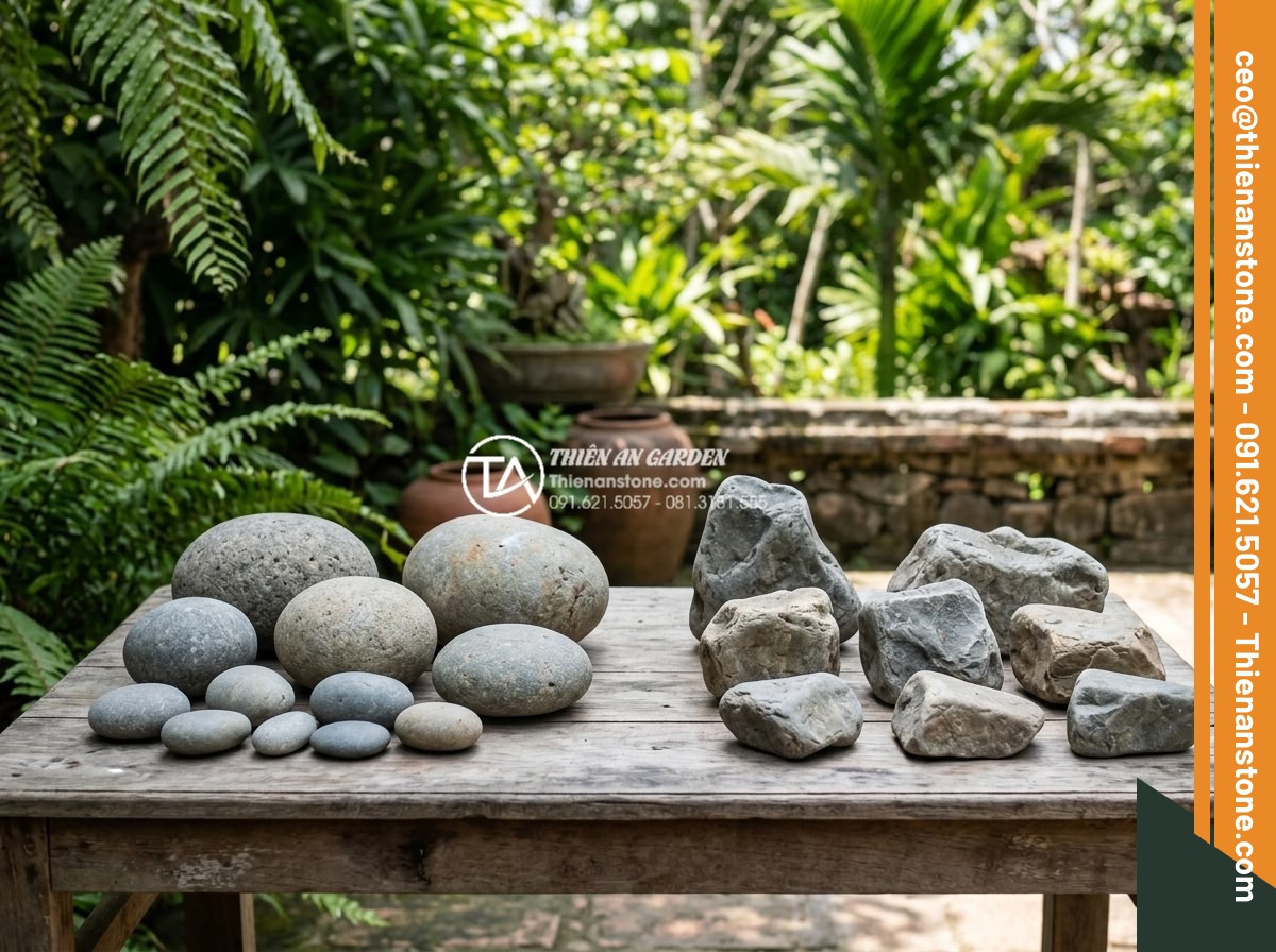 Đá dặm bước hình tròn hay hình tự do đẹp hơn cho sân vườn? - Decision making visual with various stone samples laid out on table showing roun