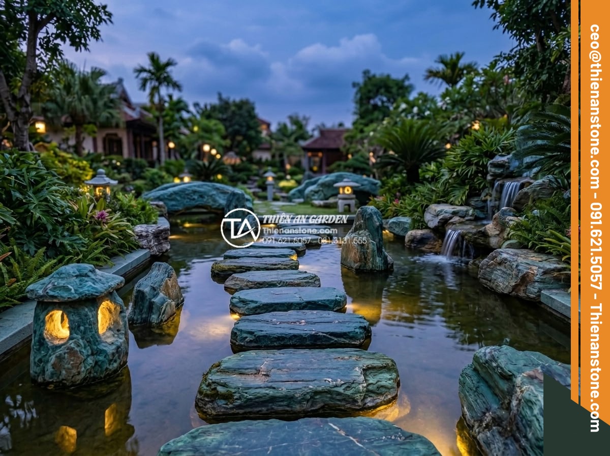 Đá dặm bước hình tròn hay hình tự do đẹp hơn cho sân vườn? - Creative combination of stepping stones with water features lighting and decorat
