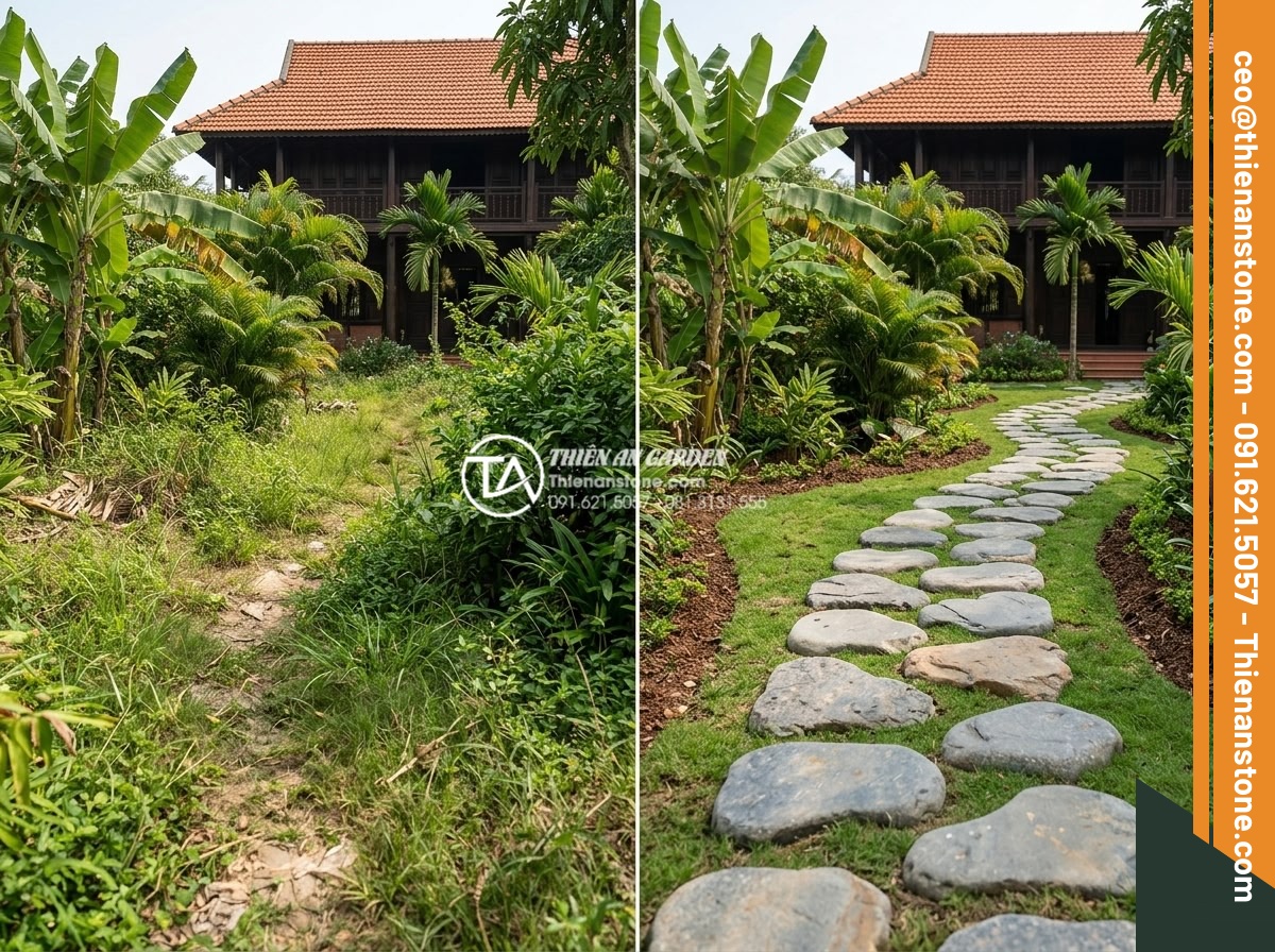 Đá dặm bước hình tròn hay hình tự do đẹp hơn cho sân vườn? - Completed professional installation of natural stone stepping path in a large vi