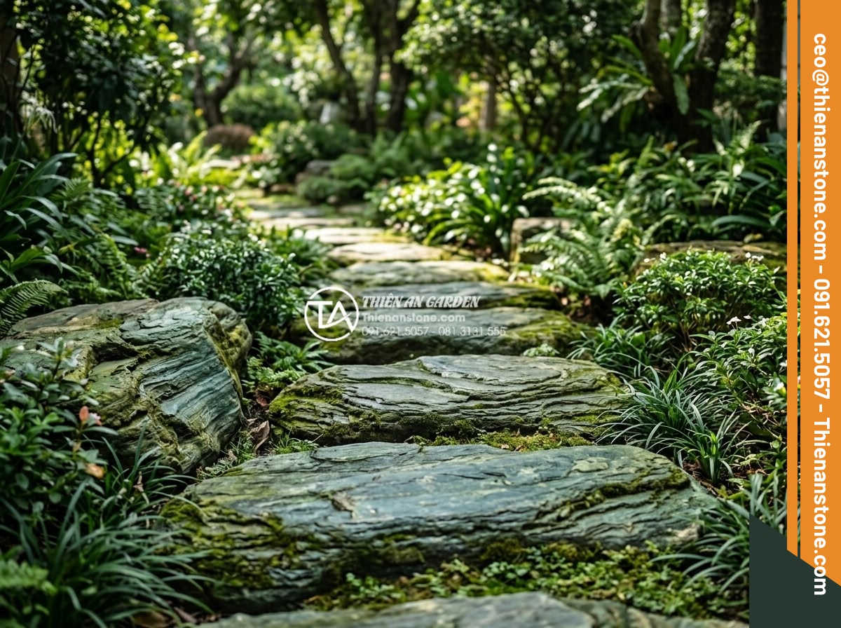 Đá dặm bước hình tròn hay hình tự do đẹp hơn cho sân vườn? - Long-term aged natural stone stepping stones with beautiful patina and moss show