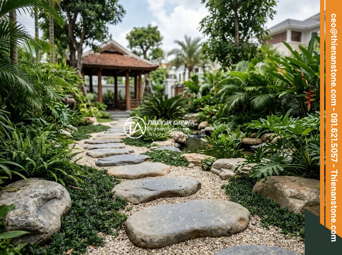 Đá dặm bước hình tròn hay hình tự do đẹp hơn cho sân vườn? - Luxury completed garden project by Thien An Stone featuring beautiful stepping s