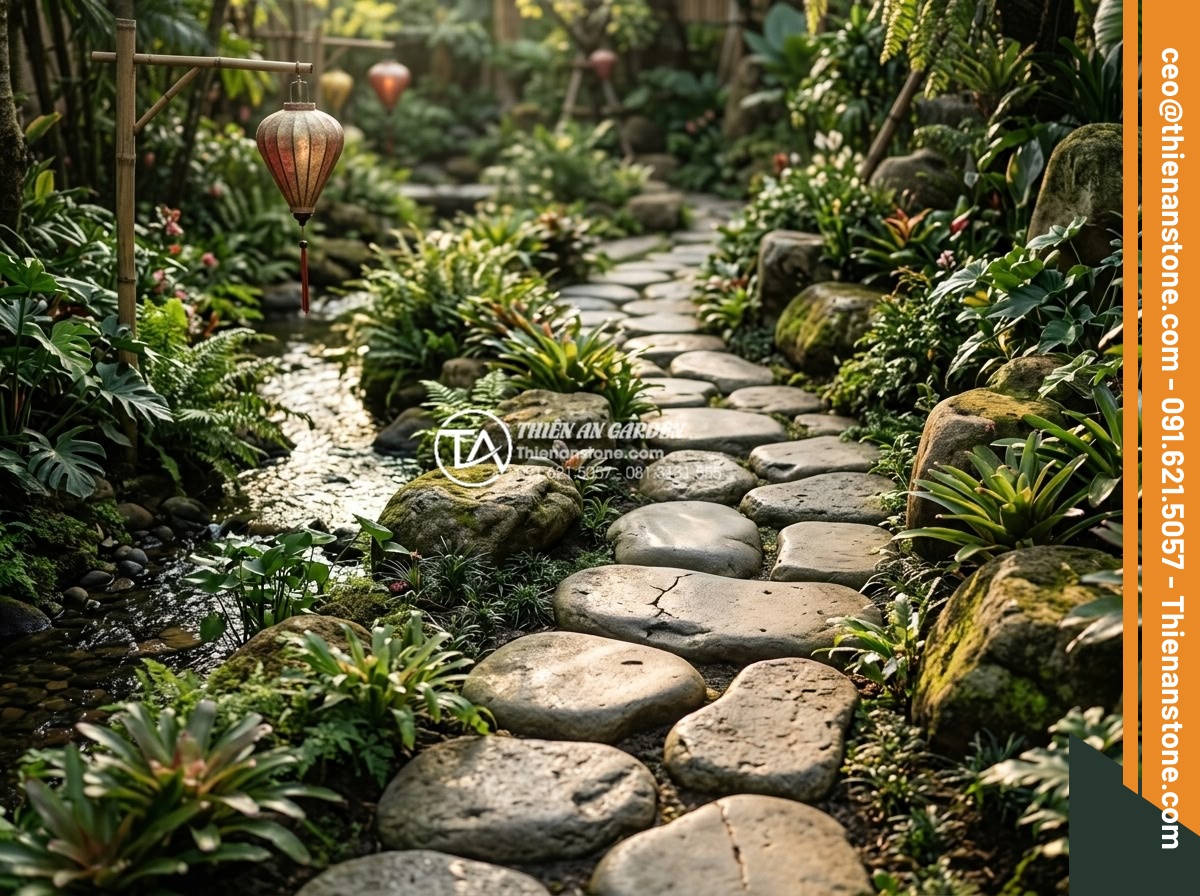 Đá dậm bước là gì? Vai trò và ý nghĩa của lối đi đá trong sân vườn - Hình 11 Đá dậm bước là gì? Vai trò và ý nghĩa của lối đi đá trong sân vườn - Feng shui inspired stone stepping path in an Asian garden with balanced elements