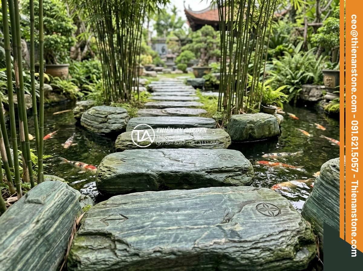Đá dậm bước là gì? Vai trò và ý nghĩa của lối đi đá trong sân vườn - Hình 12 Đá dậm bước là gì? Vai trò và ý nghĩa của lối đi đá trong sân vườn - Stepping stones arranged according to feng shui principles with directional mark