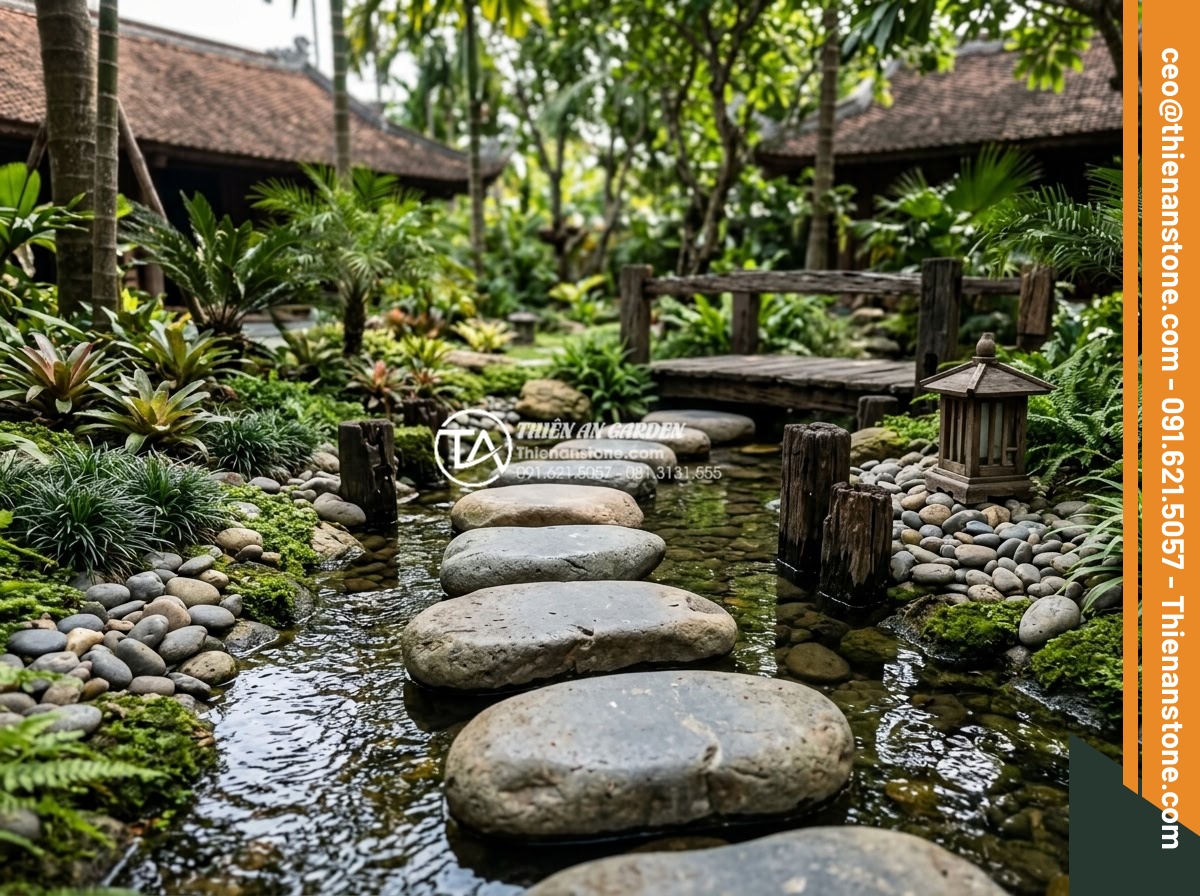 Đá dậm bước là gì? Vai trò và ý nghĩa của lối đi đá trong sân vườn - Hình 15 Đá dậm bước là gì? Vai trò và ý nghĩa của lối đi đá trong sân vườn - Stepping stones beautifully combined with decorative pebbles, low plants, wooden