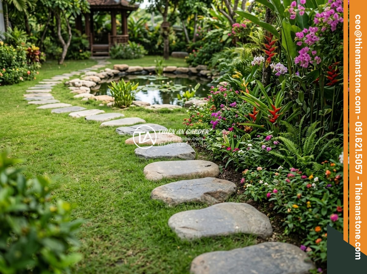 Đá dậm bước là gì? Vai trò và ý nghĩa của lối đi đá trong sân vườn - Hình 7 Đá dậm bước là gì? Vai trò và ý nghĩa của lối đi đá trong sân vườn - Functional stone stepping path in a family garden showing people walking comfort