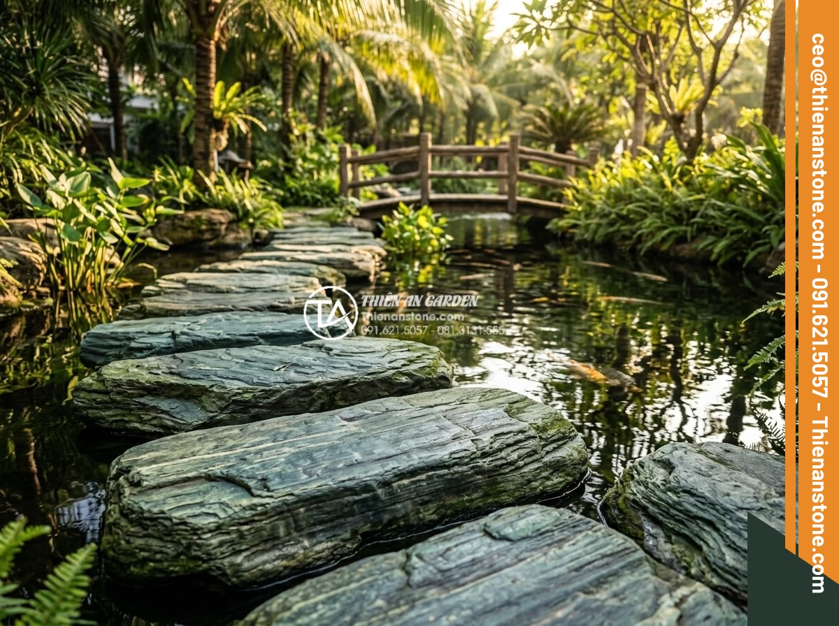 Đá dặm bước mặt băm, mặt khò: Giải pháp chống trơn trượt tuyệt đối - High-resolution landscape photograph of flamed or chiseled natural stone steppin