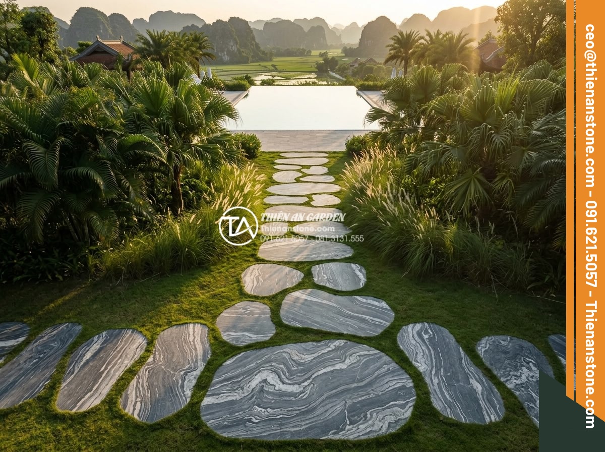Đá dặm bước Slate Lai Châu: Vẻ đẹp đa sắc đặc thù cho sân vườn - Hình 3 Đá dặm bước Slate Lai Châu: Vẻ đẹp đa sắc đặc thù cho sân vườn - Aerial drone shot of luxurious resort garden featuring winding path of Lai Chau
