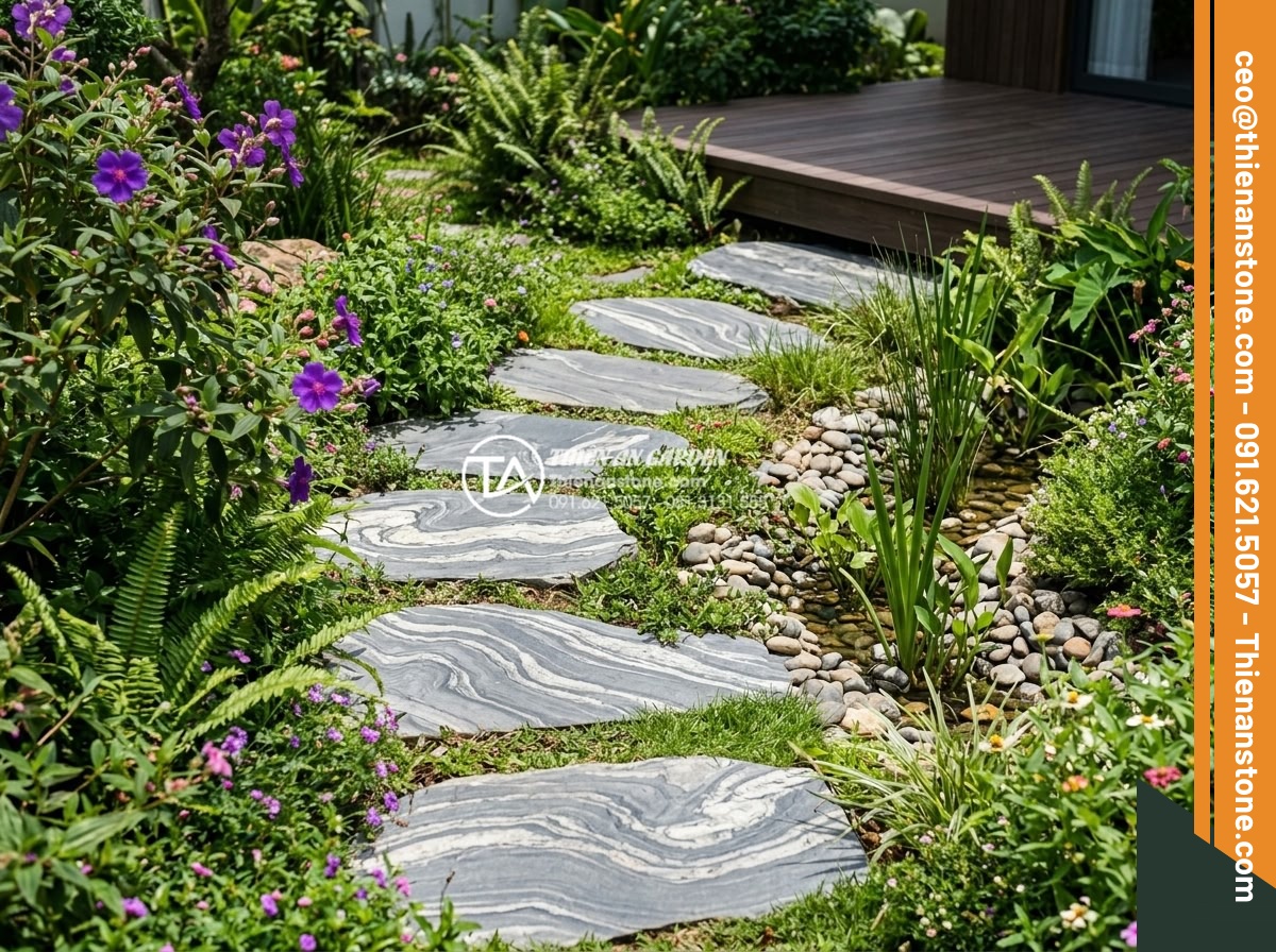 Đá dặm bước Slate Lai Châu: Vẻ đẹp đa sắc đặc thù cho sân vườn - Hình 4 Đá dặm bước Slate Lai Châu: Vẻ đẹp đa sắc đặc thù cho sân vườn - Sustainable luxury garden design with natural Lai Chau slate stepping stones pat