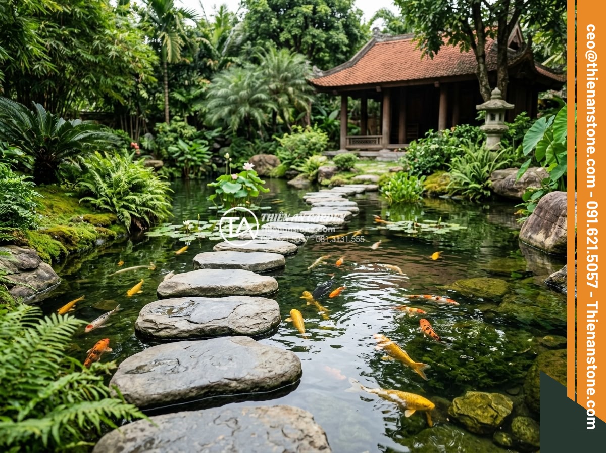 Đá dặm bước Slate Lai Châu: Vẻ đẹp đa sắc đặc thù cho sân vườn - Hình 5 Đá dặm bước Slate Lai Châu: Vẻ đẹp đa sắc đặc thù cho sân vườn - Beautiful koi pond landscape with natural slate stepping stones crossing over ca