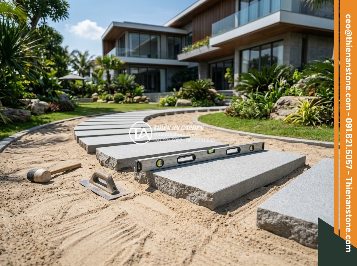 Đá dặm bước Slate Lai Châu: Vẻ đẹp đa sắc đặc thù cho sân vườn - Hình 6 Đá dặm bước Slate Lai Châu: Vẻ đẹp đa sắc đặc thù cho sân vườn - Professional construction team installing Lai Chau slate stepping stones in luxu