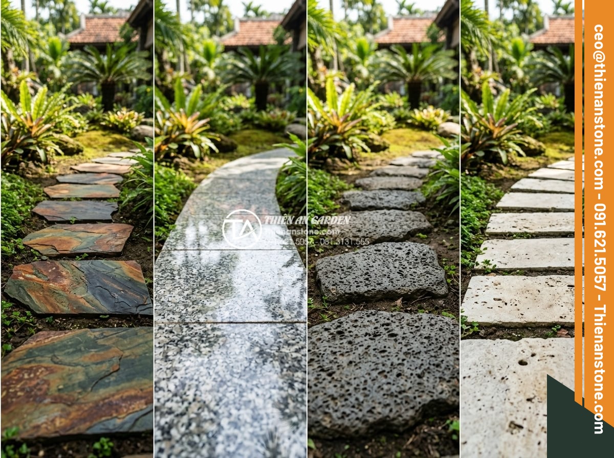 Đá dặm bước Slate Lai Châu: Vẻ đẹp đa sắc đặc thù cho sân vườn - Hình 7 Đá dặm bước Slate Lai Châu: Vẻ đẹp đa sắc đặc thù cho sân vườn - Comparison collage of four different natural stone stepping paths side by side: