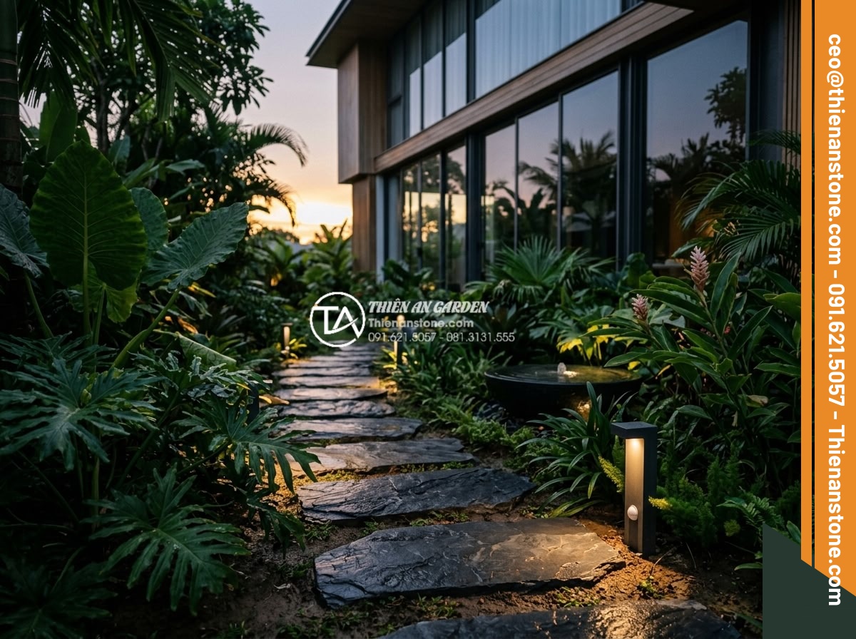Đá dặm bước Slate Lai Châu: Vẻ đẹp đa sắc đặc thù cho sân vườn - Hình 9 Đá dặm bước Slate Lai Châu: Vẻ đẹp đa sắc đặc thù cho sân vườn - Futuristic yet natural garden at dusk with Lai Chau slate stepping stones illumi