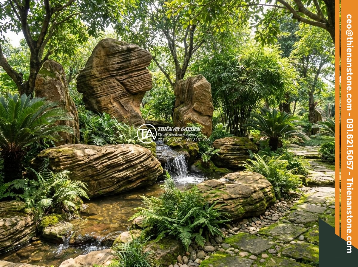 Đánh giá độ bền của đá cổ thạch dưới tác động của thời tiết khắc nghiệt - Hình 15 Đánh giá độ bền của đá cổ thạch dưới tác động của thời tiết khắc nghiệt - Beautiful landscaped garden featuring ancient natural stones integrated with wat
