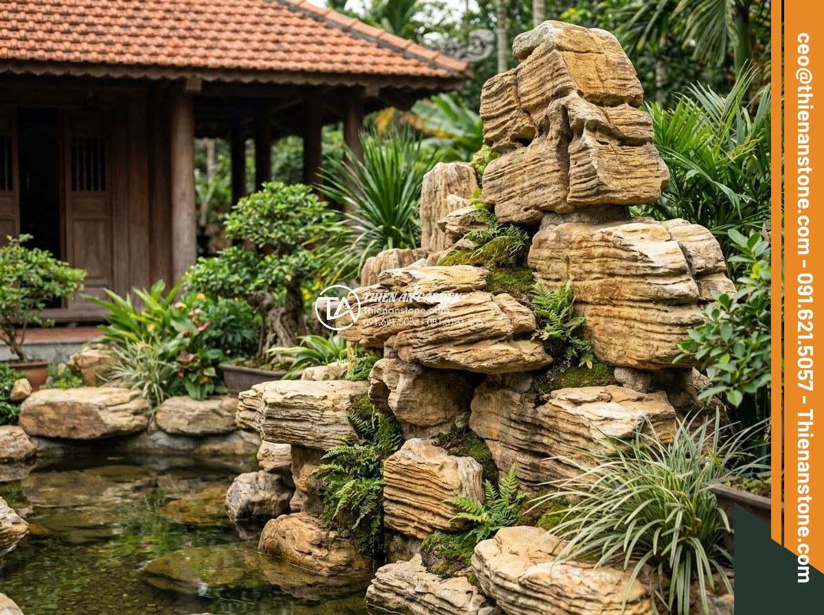Đánh giá độ bền của đá cổ thạch dưới tác động của thời tiết khắc nghiệt - Hình 16 Đánh giá độ bền của đá cổ thạch dưới tác động của thời tiết khắc nghiệt - Artistic rockery and garden installation using ancient stones, showcasing integr