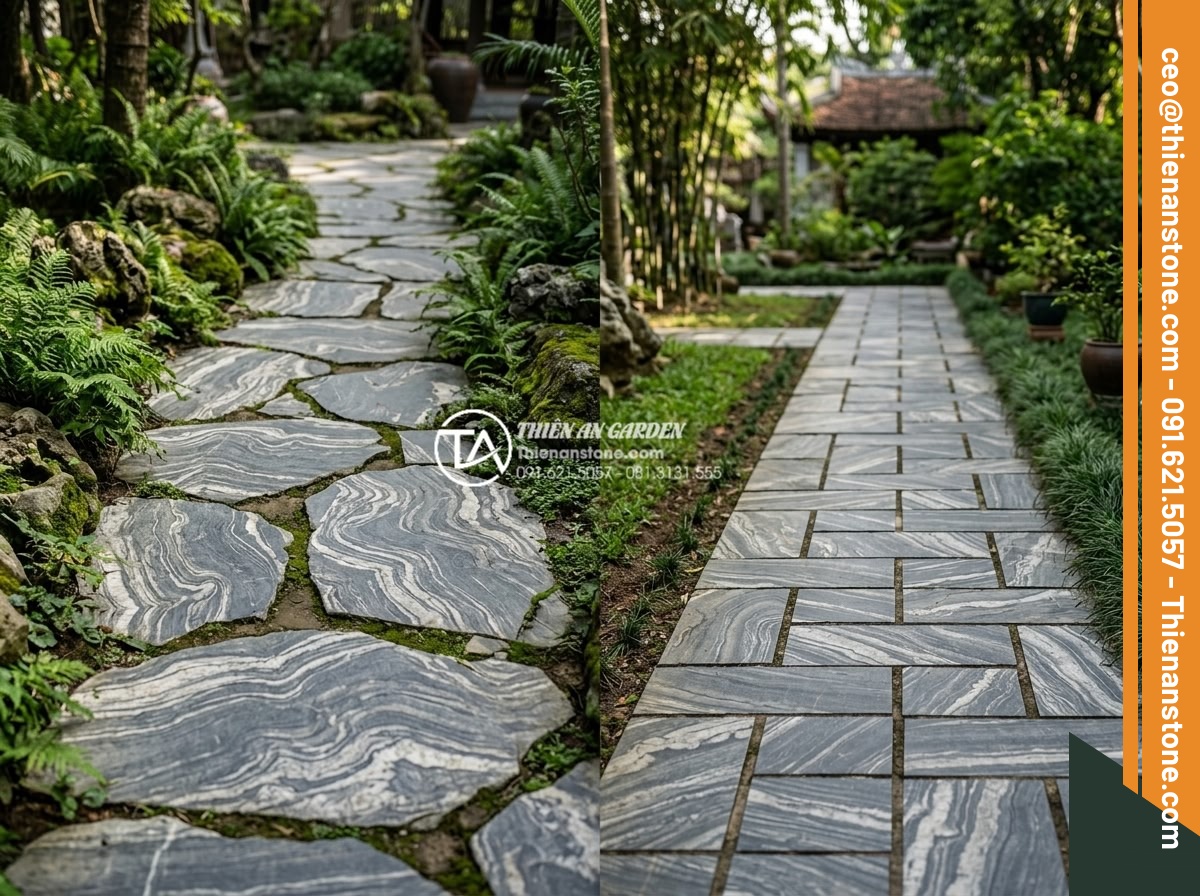 Dự toán chi phí vật tư đá dặm bước sân vườn cho diện tích 100m2 - Hình 14 Dự toán chi phí vật tư đá dặm bước sân vườn cho diện tích 100m2 - Side by side visual comparison of different paving options for garden paths high