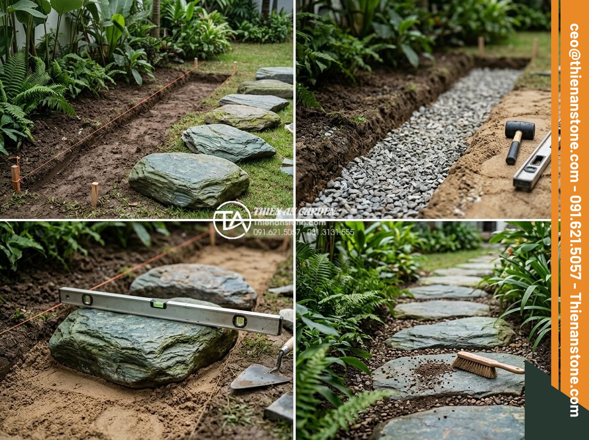Dự toán chi phí vật tư đá dặm bước sân vườn cho diện tích 100m2 - Hình 15 Dự toán chi phí vật tư đá dặm bước sân vườn cho diện tích 100m2 - Step by step professional installation process of stone stepping stones in garde