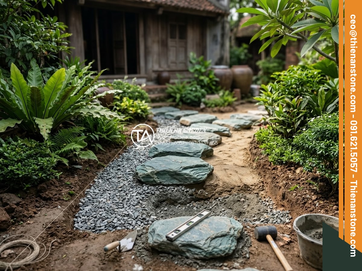 Dự toán chi phí vật tư đá dặm bước sân vườn cho diện tích 100m2 - Hình 16 Dự toán chi phí vật tư đá dặm bước sân vườn cho diện tích 100m2 - Professional team installing natural stepping stones with proper base preparatio