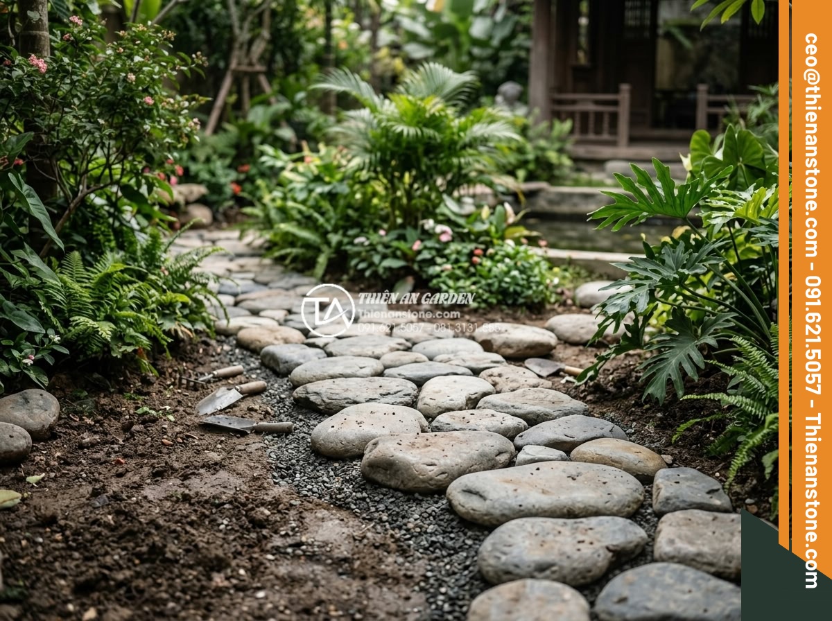 Dự toán chi phí vật tư đá dặm bước sân vườn cho diện tích 100m2 - Hình 19 Dự toán chi phí vật tư đá dặm bước sân vườn cho diện tích 100m2 - Professional landscape team from Thien An Stone company working on garden steppi
