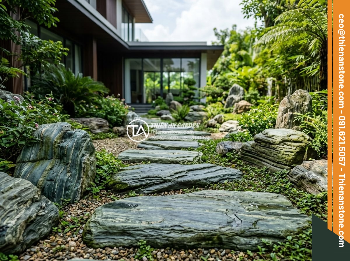 Dự toán chi phí vật tư đá dặm bước sân vườn cho diện tích 100m2 - Hình 2 Dự toán chi phí vật tư đá dặm bước sân vườn cho diện tích 100m2 - Wide angle view of professionally installed stone stepping path in modern Vietna