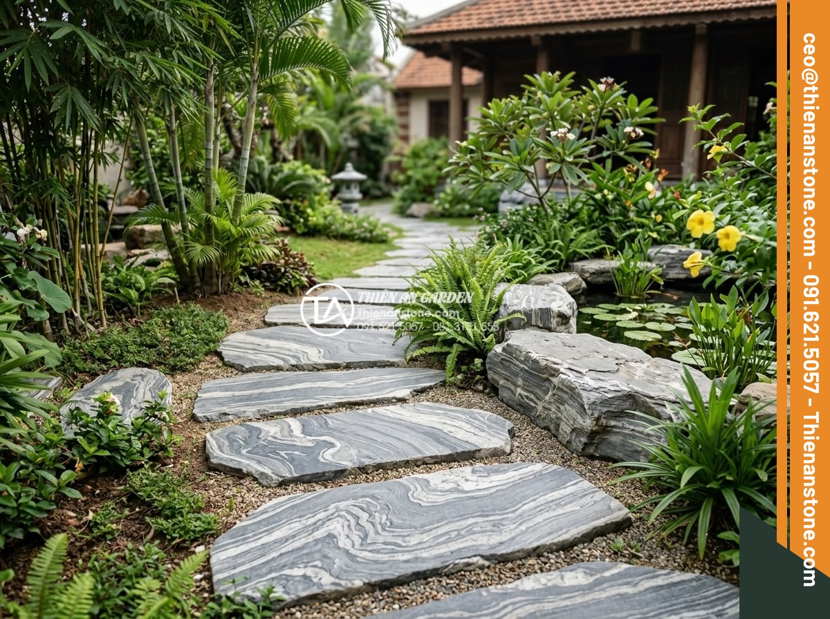 Dự toán chi phí vật tư đá dặm bước sân vườn cho diện tích 100m2 - Hình 20 Dự toán chi phí vật tư đá dặm bước sân vườn cho diện tích 100m2 - Beautiful completed garden with natural stone stepping paths by expert designers