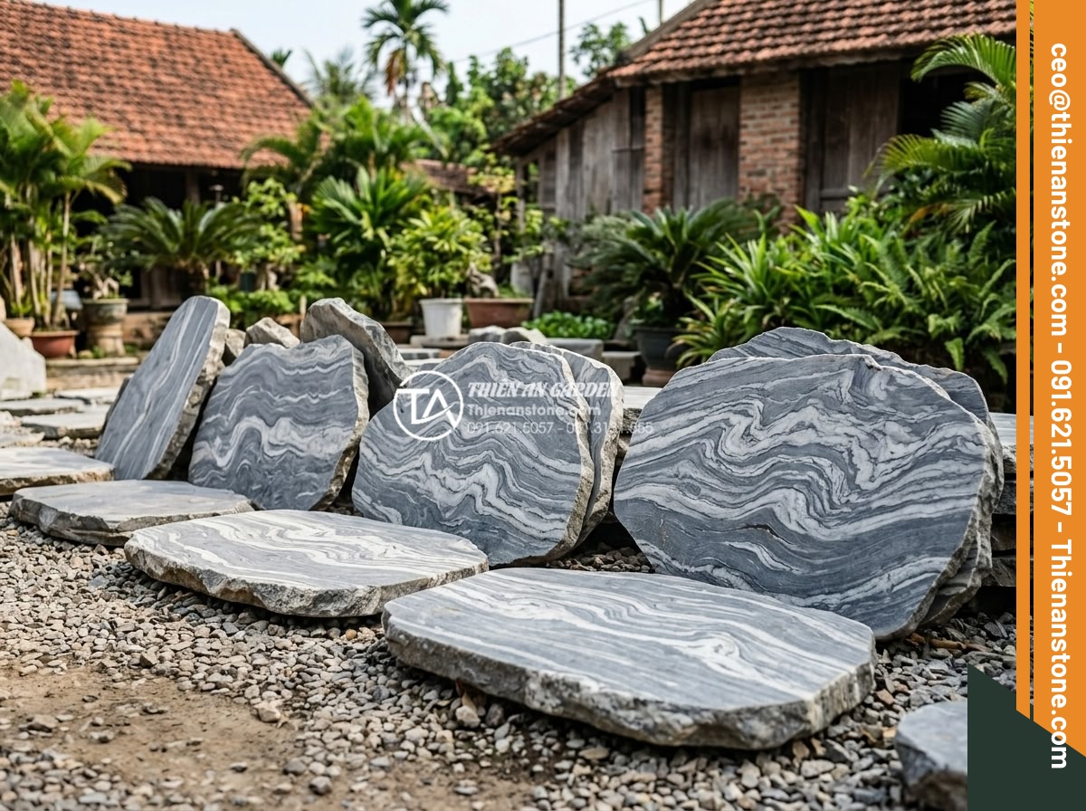 Dự toán chi phí vật tư đá dặm bước sân vườn cho diện tích 100m2 - Hình 3 Dự toán chi phí vật tư đá dặm bước sân vườn cho diện tích 100m2 - Variety of natural stone types including granite basalt and sandstone stepping s